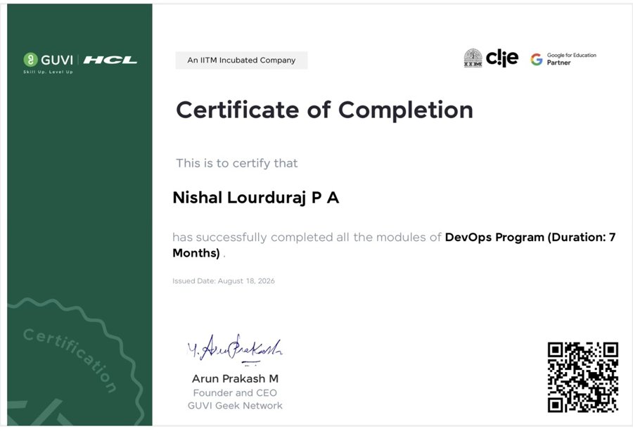 GUVI × HCL DevOps Program certificate of completion, issued to Nishal Lourduraj P A on August 18, 2026